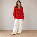 Button Front Cardigan - Women's V Neck Long Sleeve Textured Knit Cardigan - Red