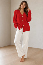 Button Front Cardigan - Women's V Neck Long Sleeve Textured Knit Cardigan - Red