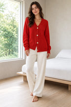 Button Front Cardigan - Women's V Neck Long Sleeve Textured Knit Cardigan - Red