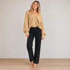 Button Front Cardigan - Women's V Neck Chunky Ribbed Knit Cardigan - Khaki