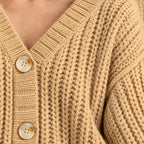 Button Front Cardigan - Women's V Neck Chunky Ribbed Knit Cardigan - Khaki