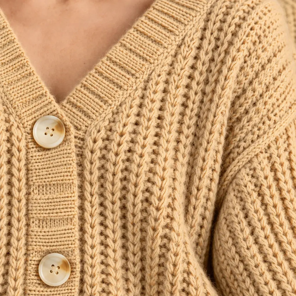 Button Front Cardigan - Women's V Neck Chunky Ribbed Knit Cardigan - Khaki