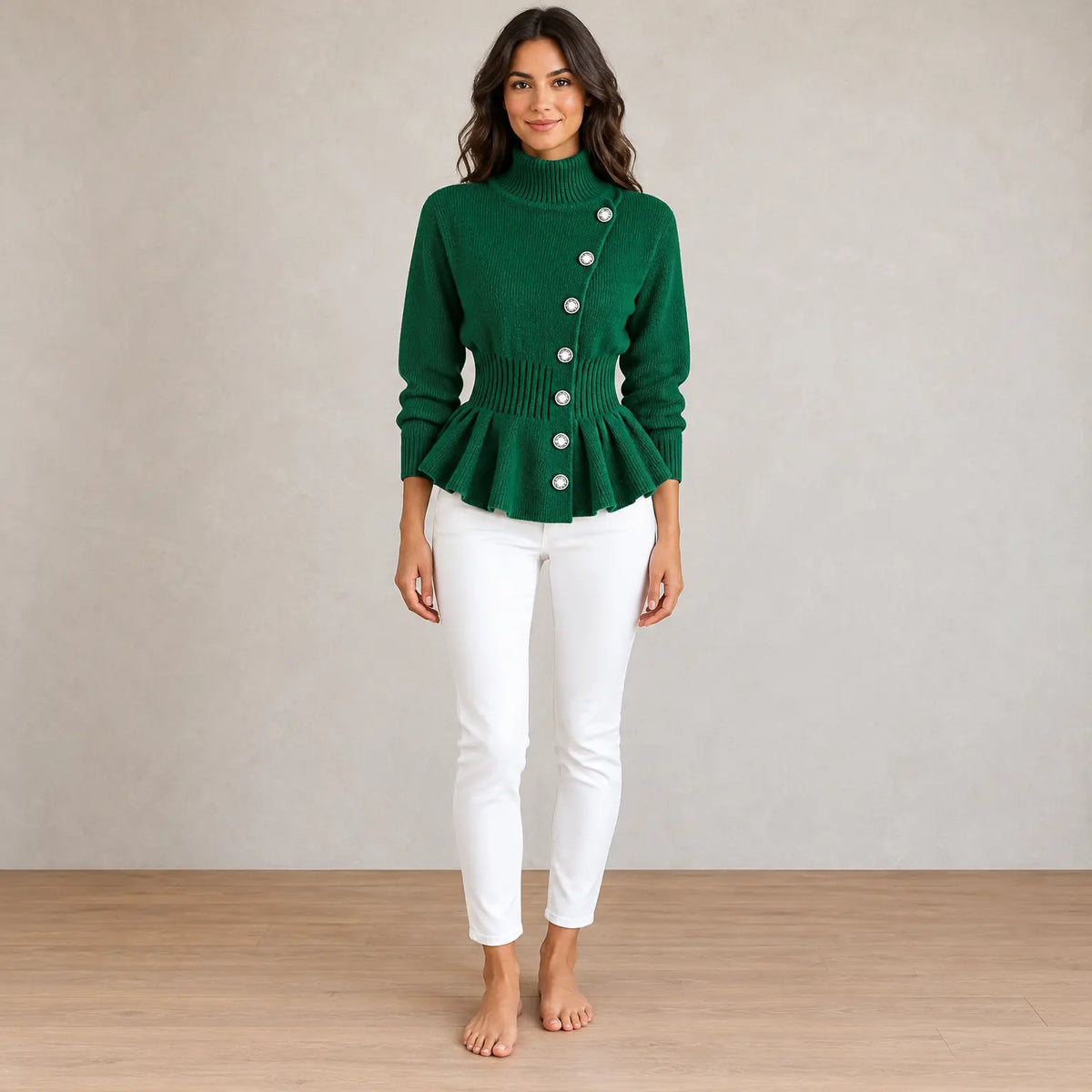 Button Front Cardigan - Women's Turtleneck Long Sleeve Peplum Hem Cardigan - Green