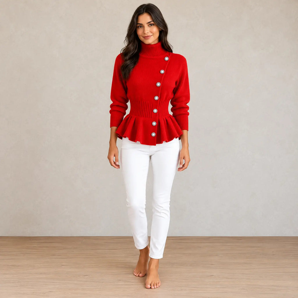 Button Front Cardigan - Women's Turtleneck Long Sleeve Peplum Hem Cardigan - Red