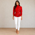Button Front Cardigan - Women's Turtleneck Long Sleeve Peplum Hem Cardigan - Red