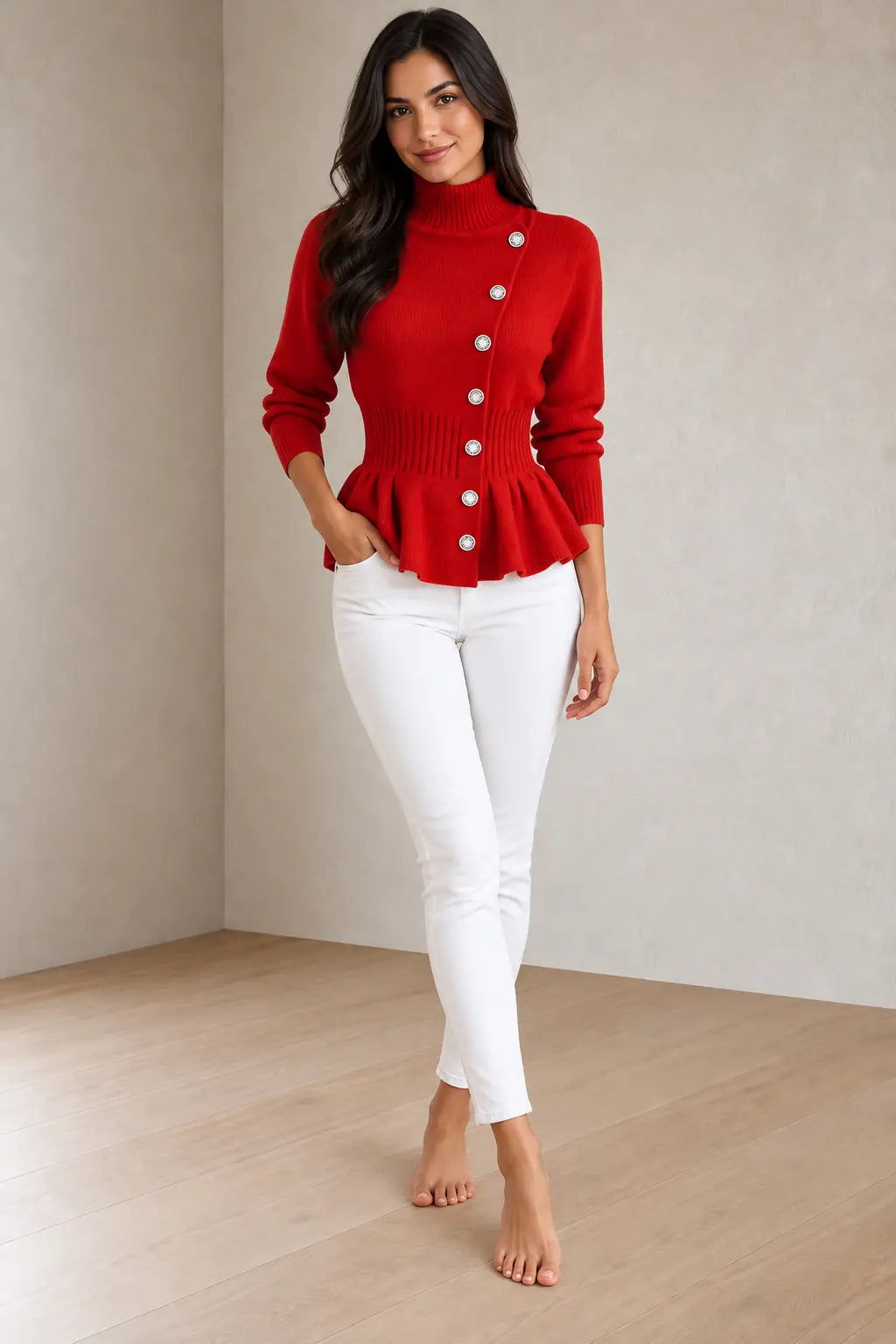 Button Front Cardigan - Women's Turtleneck Long Sleeve Peplum Hem Cardigan - Red