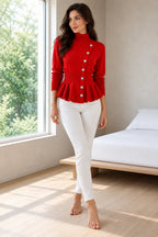 Button Front Cardigan - Women's Turtleneck Long Sleeve Peplum Hem Cardigan - Red