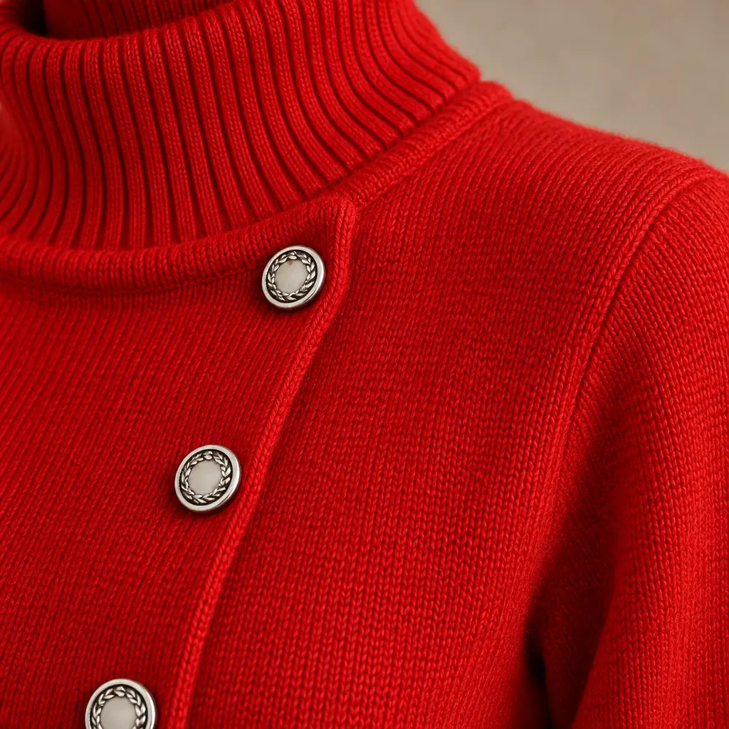 Button Front Cardigan - Women's Turtleneck Long Sleeve Peplum Hem Cardigan - Red