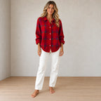 Button Front Cardigan - Women's Plaid Collared Long Sleeve Knit Cardigan - Red Plaid