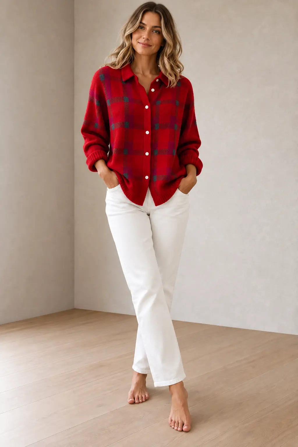 Button Front Cardigan - Women's Plaid Collared Long Sleeve Knit Cardigan - Red Plaid