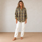 Button Front Cardigan - Women's Plaid Collared Long Sleeve Knit Cardigan - Taupe Plaid