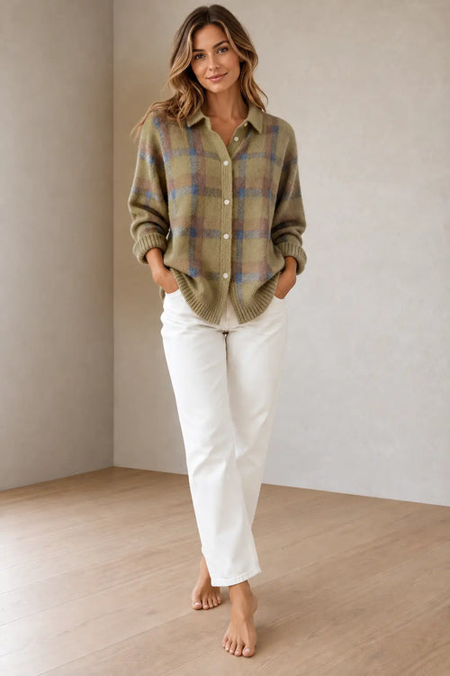 Button Front Cardigan - Women's Plaid Collared Long Sleeve Knit Cardigan - Taupe Plaid