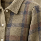 Button Front Cardigan - Women's Plaid Collared Long Sleeve Knit Cardigan - Taupe Plaid