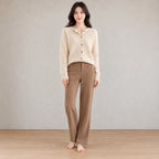 Button Front Cardigan - Women's Crew Neck Long Sleeve Knit Cardigan - Khaki