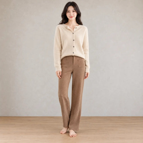 Button Front Cardigan - Women's Crew Neck Long Sleeve Knit Cardigan - Khaki