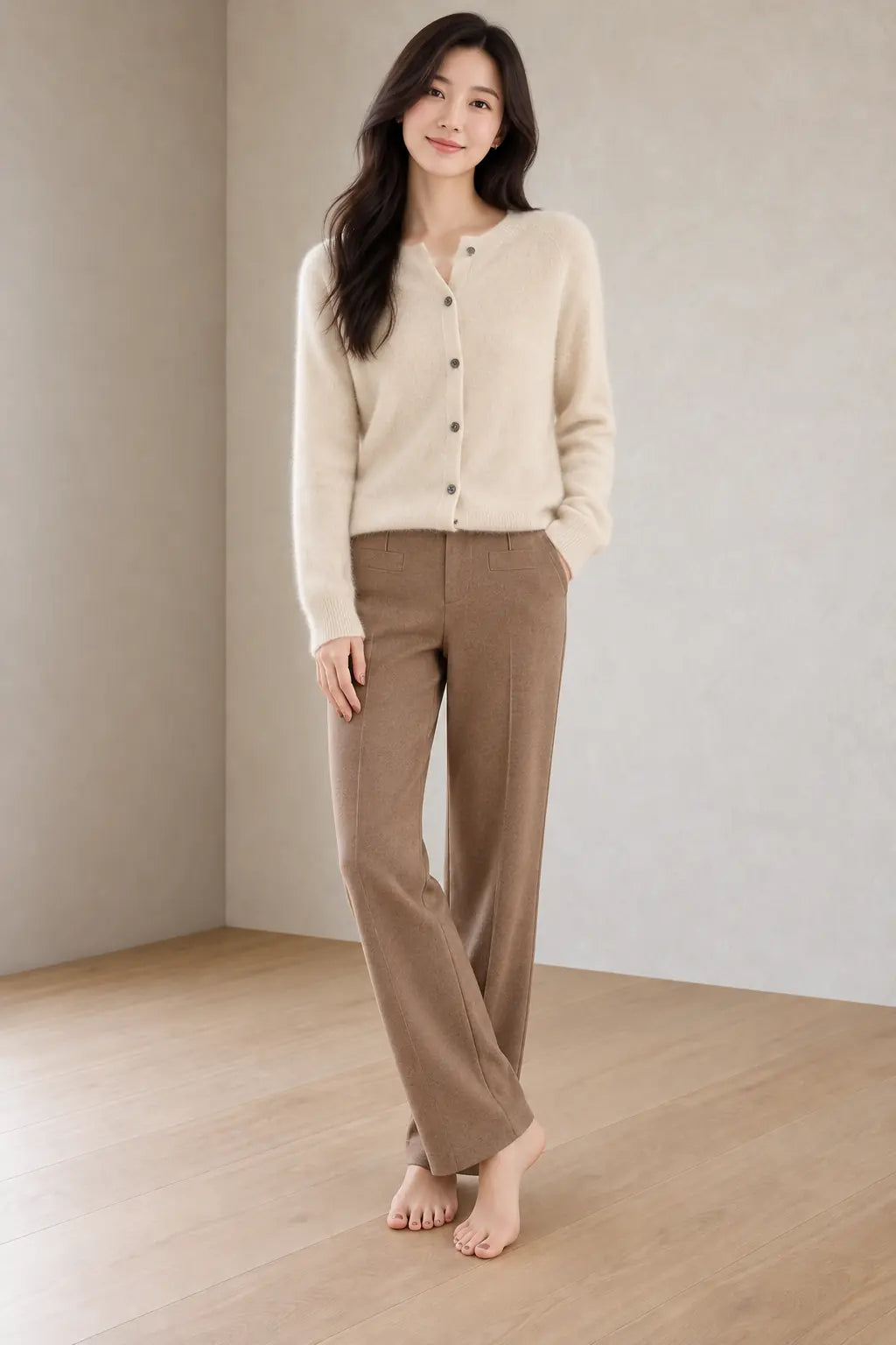 Button Front Cardigan - Women's Crew Neck Long Sleeve Knit Cardigan - Khaki