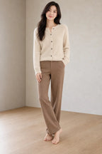 Button Front Cardigan - Women's Crew Neck Long Sleeve Knit Cardigan - Khaki