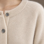 Button Front Cardigan - Women's Crew Neck Long Sleeve Knit Cardigan - Khaki