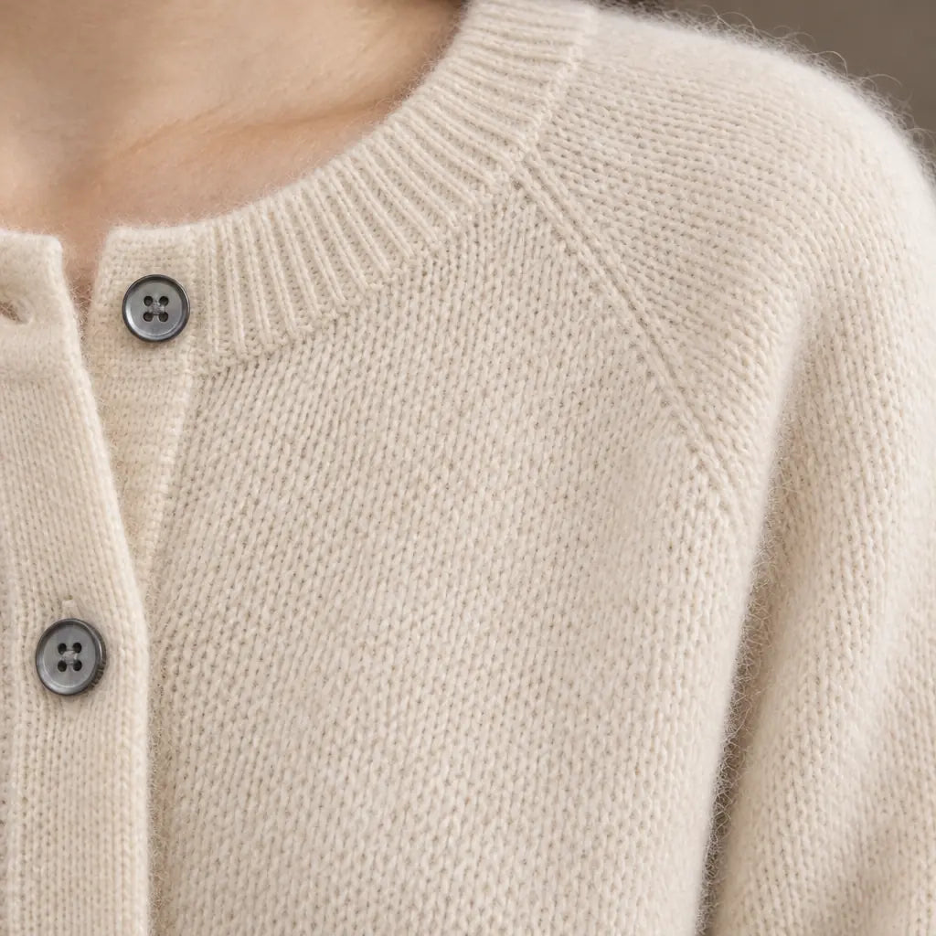 Button Front Cardigan - Women's Crew Neck Long Sleeve Knit Cardigan - Khaki