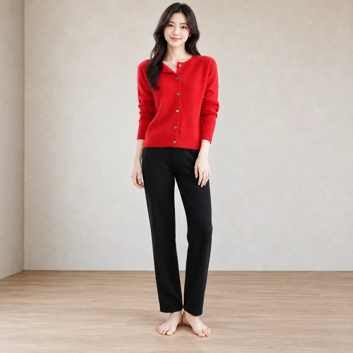 Button Front Cardigan - Women's Crew Neck Long Sleeve Knit Cardigan - Red