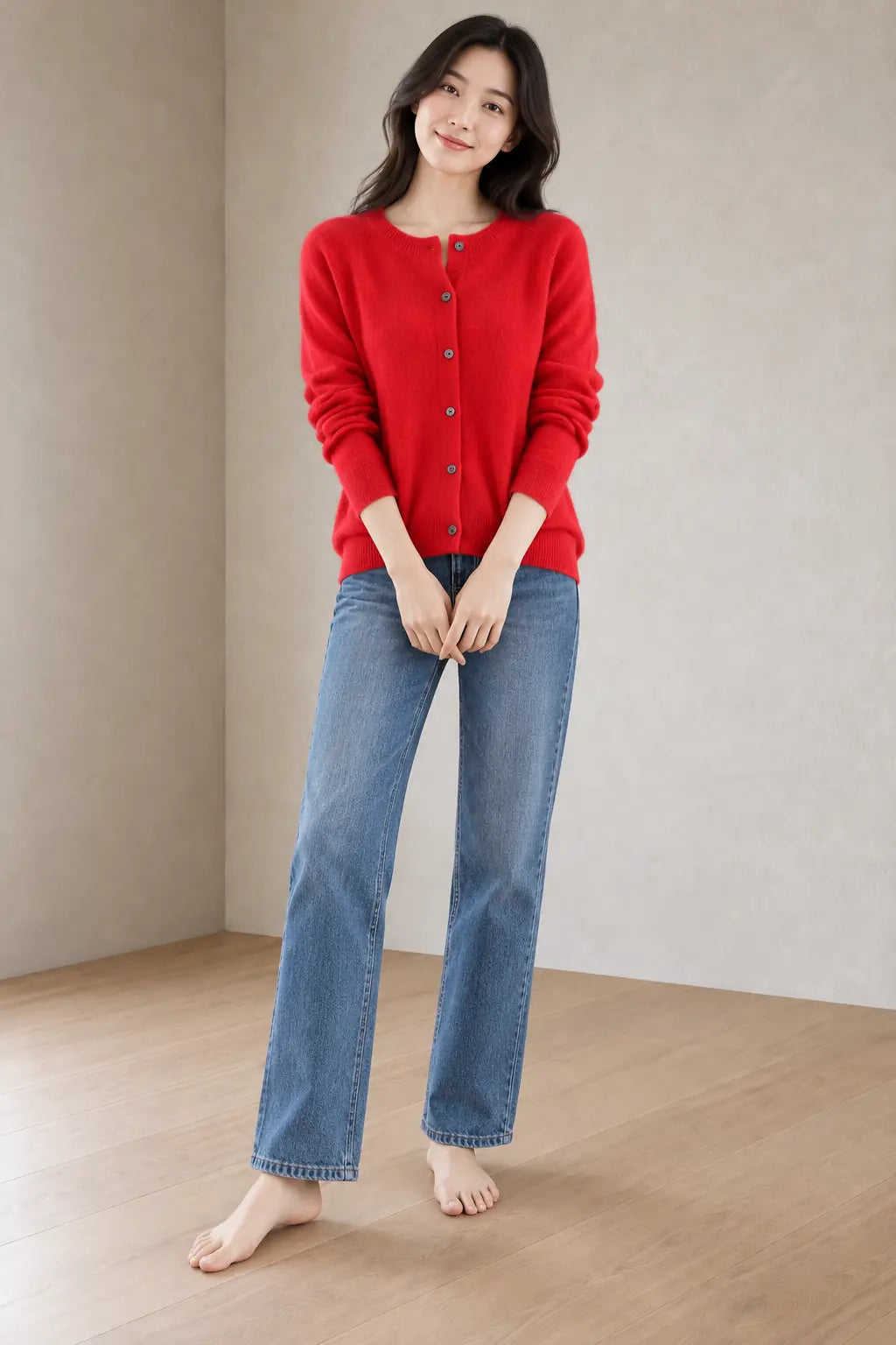 Button Front Cardigan - Women's Crew Neck Long Sleeve Knit Cardigan - Red