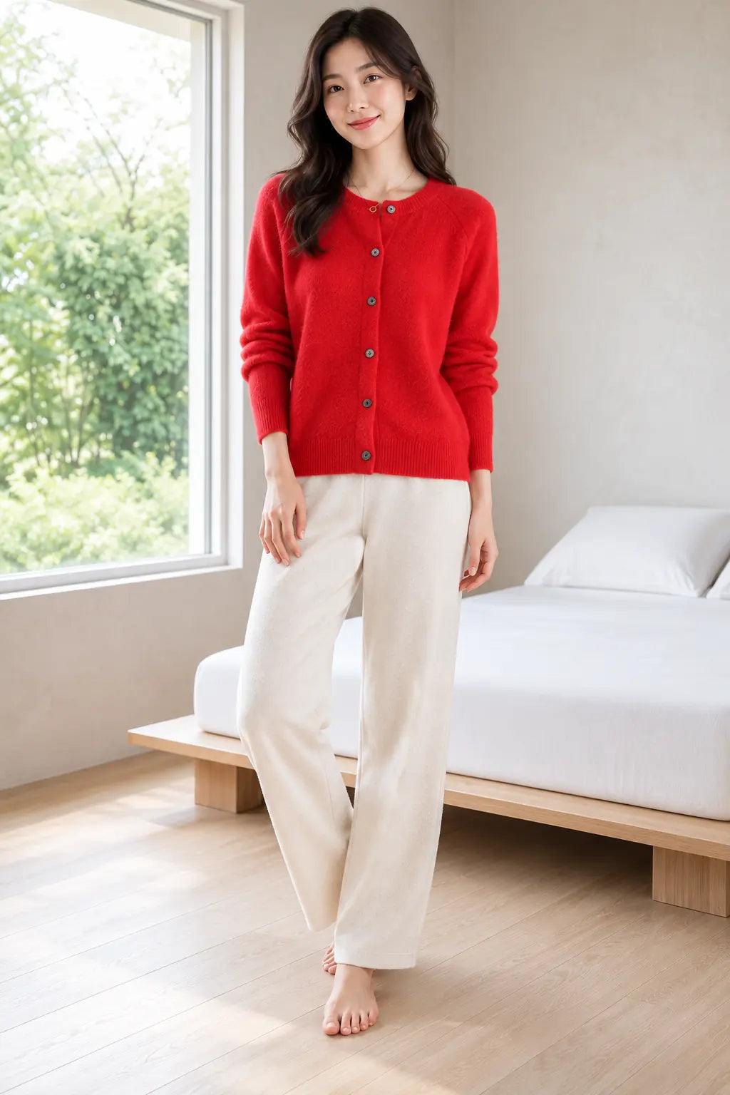 Button Front Cardigan - Women's Crew Neck Long Sleeve Knit Cardigan - Red