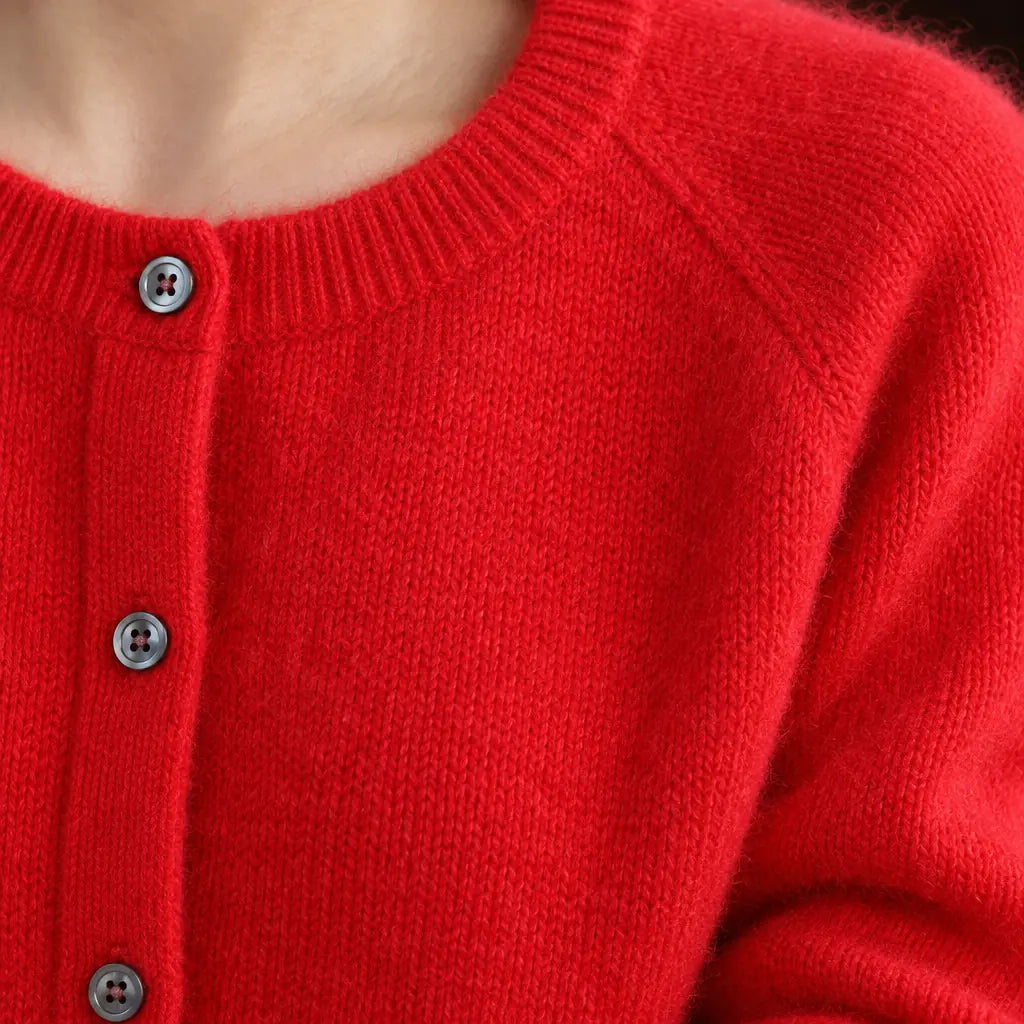 Button Front Cardigan - Women's Crew Neck Long Sleeve Knit Cardigan - Red