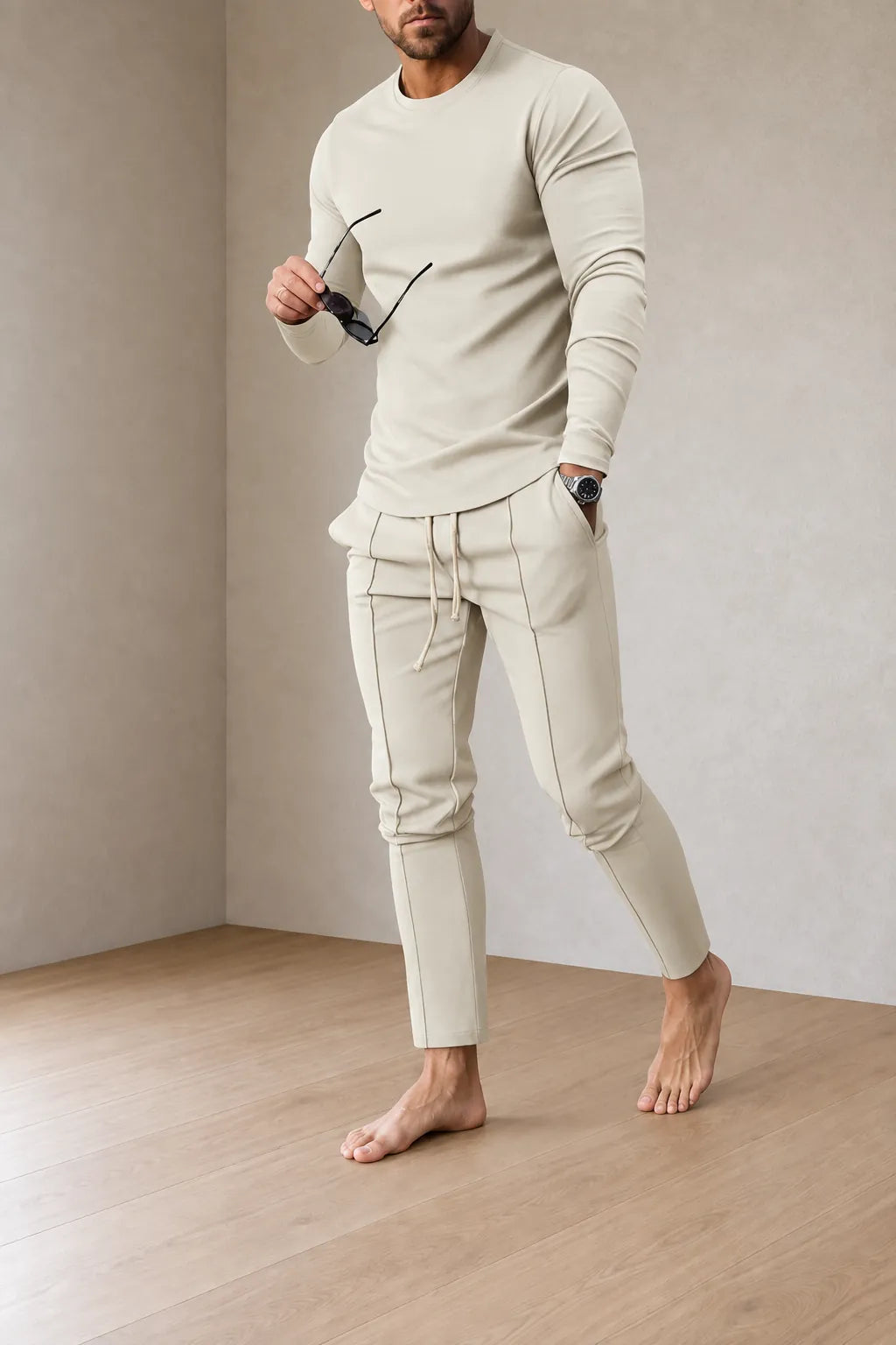 Men's Crew Neck Lounge Set - Long Sleeve Top & Jogger Pants - Beige