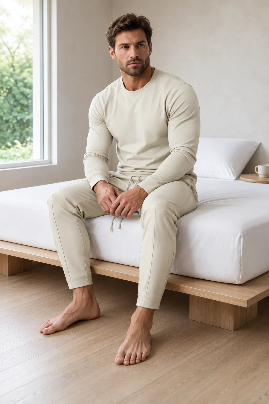 Men's Crew Neck Lounge Set - Long Sleeve Top & Jogger Pants - Beige