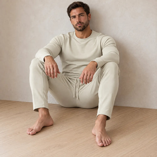 Men's Crew Neck Lounge Set - Long Sleeve Top & Jogger Pants - Beige