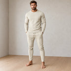 Men's Crew Neck Lounge Set - Long Sleeve Top & Jogger Pants - Beige
