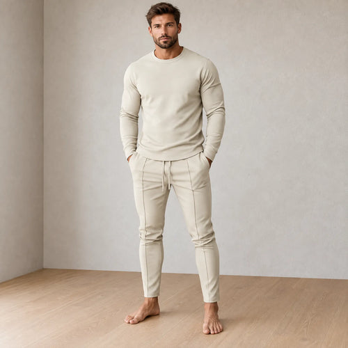 Men's Crew Neck Lounge Set - Long Sleeve Top & Jogger Pants - Beige