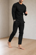 Men's Crew Neck Lounge Set - Long Sleeve Top & Jogger Pants - Black