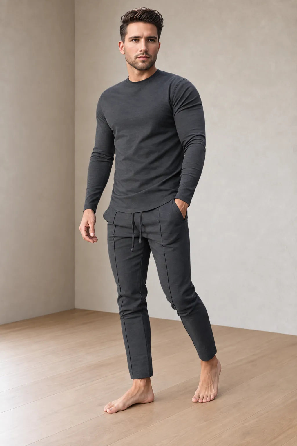 Men's Crew Neck Lounge Set - Long Sleeve Top & Jogger Pants - Charcoal