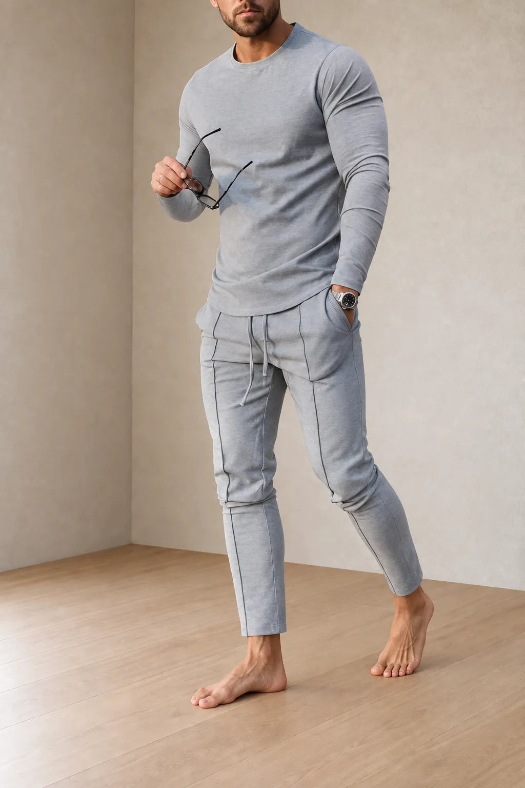 Men's Crew Neck Lounge Set - Long Sleeve Top & Jogger Pants - Gray