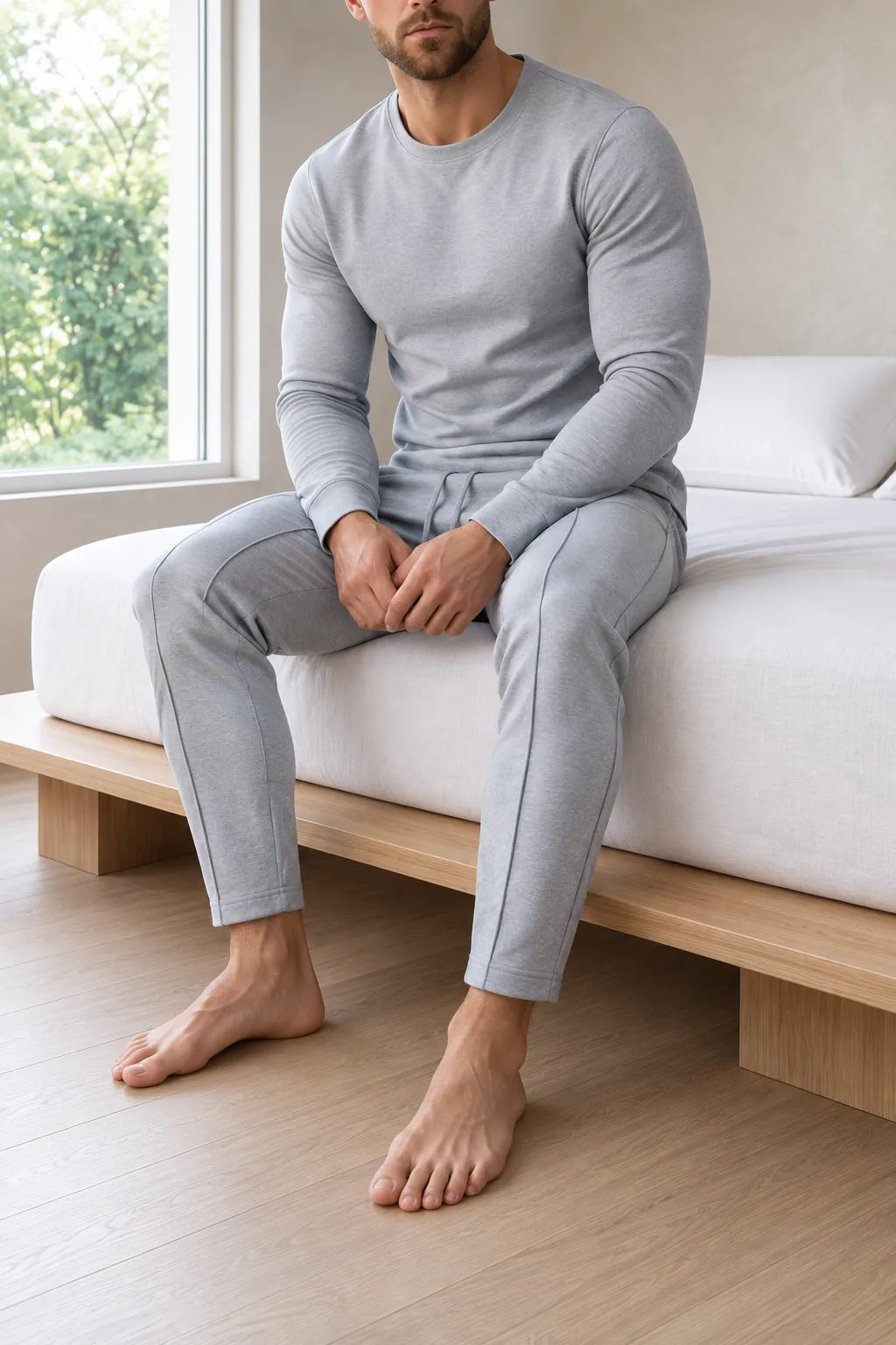 Men's Crew Neck Lounge Set - Long Sleeve Top & Jogger Pants - Gray