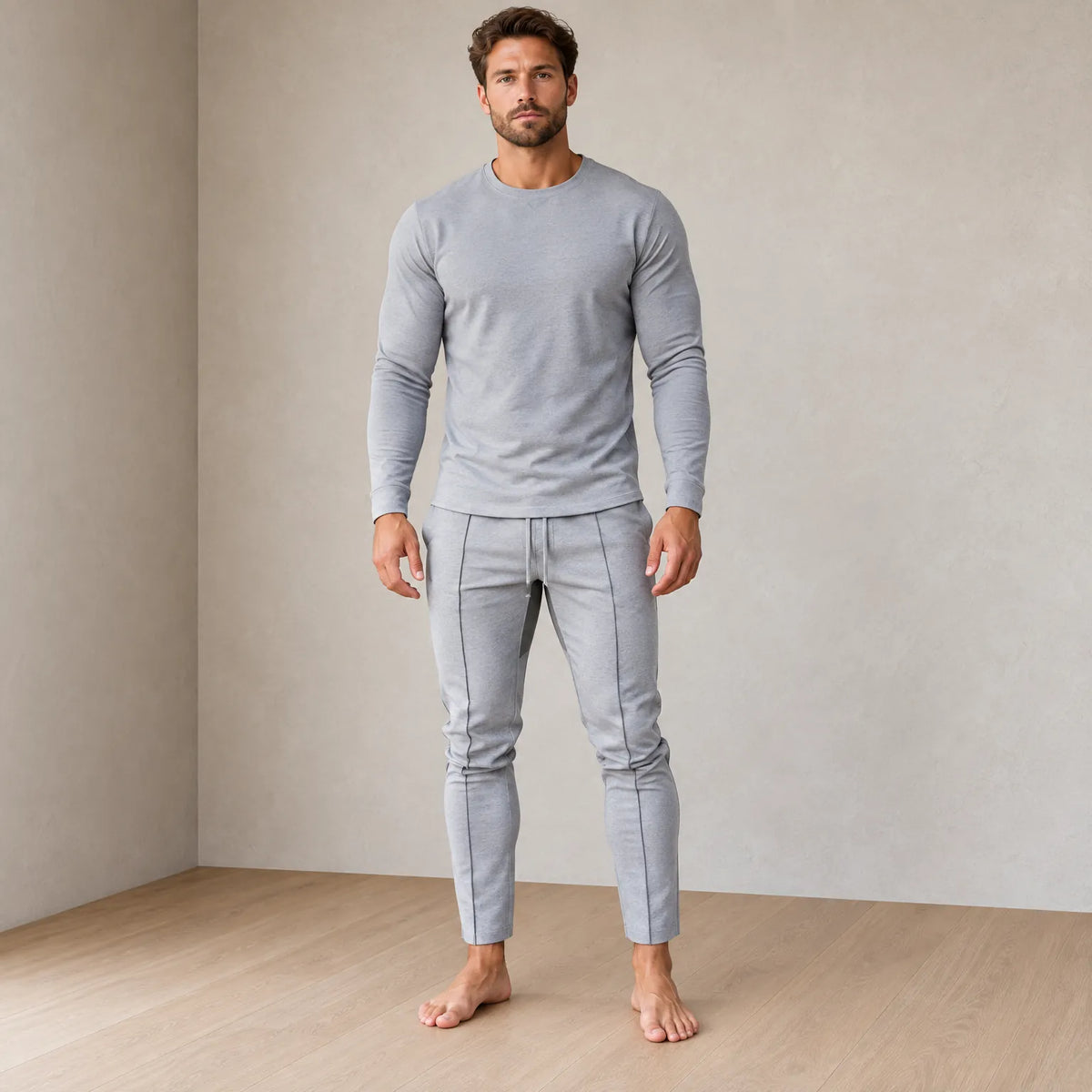 Men's Crew Neck Lounge Set - Long Sleeve Top & Jogger Pants - Gray