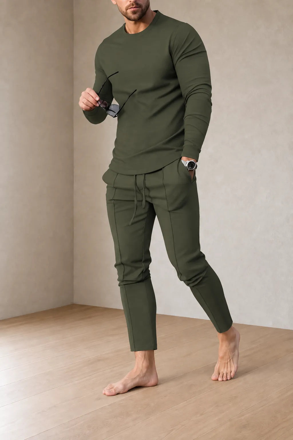 Men's Crew Neck Lounge Set - Long Sleeve Top & Jogger Pants - Olive