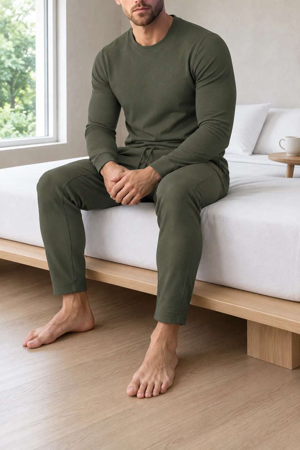Men's Crew Neck Lounge Set - Long Sleeve Top & Jogger Pants - Olive