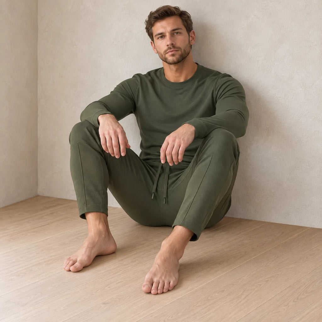 Men's Crew Neck Lounge Set - Long Sleeve Top & Jogger Pants - Olive