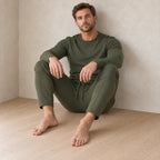 Men's Crew Neck Lounge Set - Long Sleeve Top & Jogger Pants - Olive