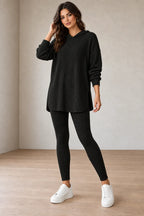 Women's Ribbed Hoodie Lounge Set - Longline Hooded Top & Leggings - Black
