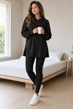 Women's Ribbed Hoodie Lounge Set - Longline Hooded Top & Leggings - Black