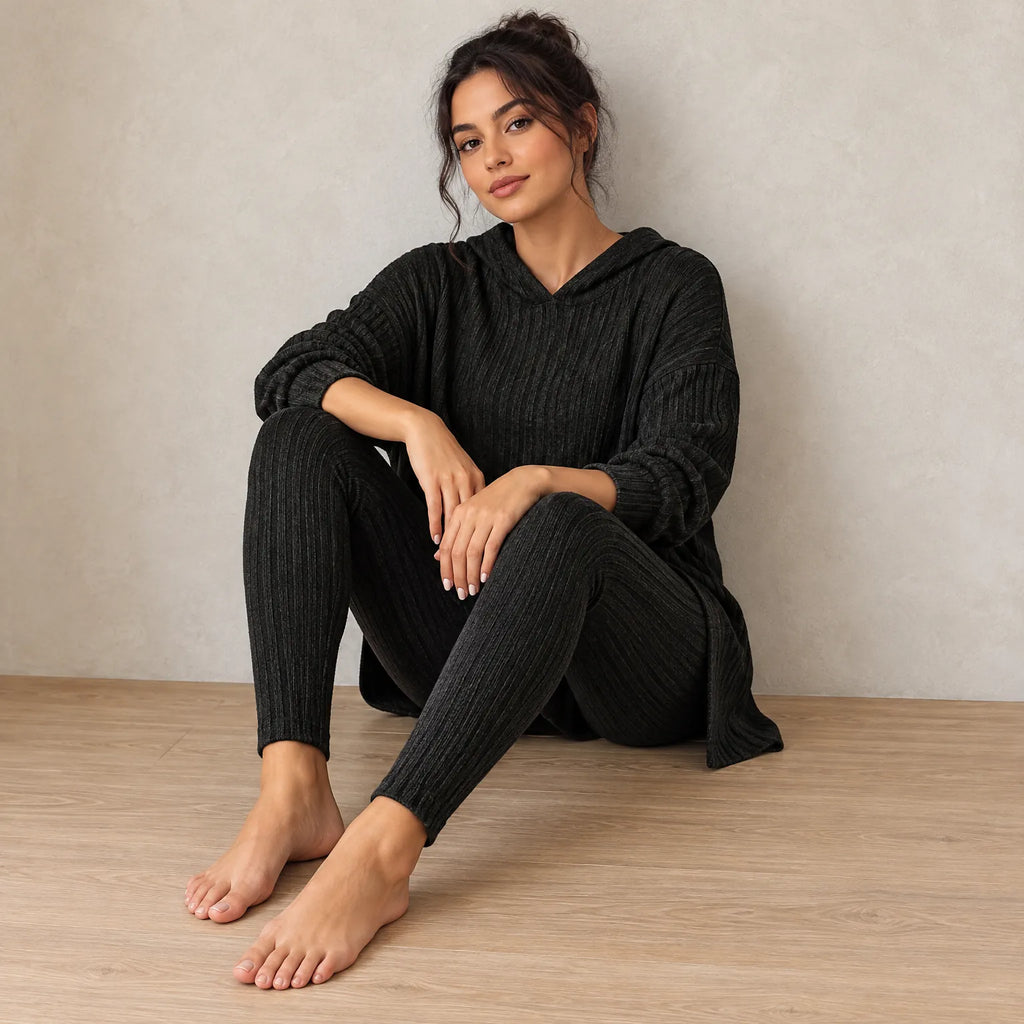 Women's Ribbed Hoodie Lounge Set - Longline Hooded Top & Leggings - Black