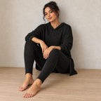 Women's Ribbed Hoodie Lounge Set - Longline Hooded Top & Leggings - Black
