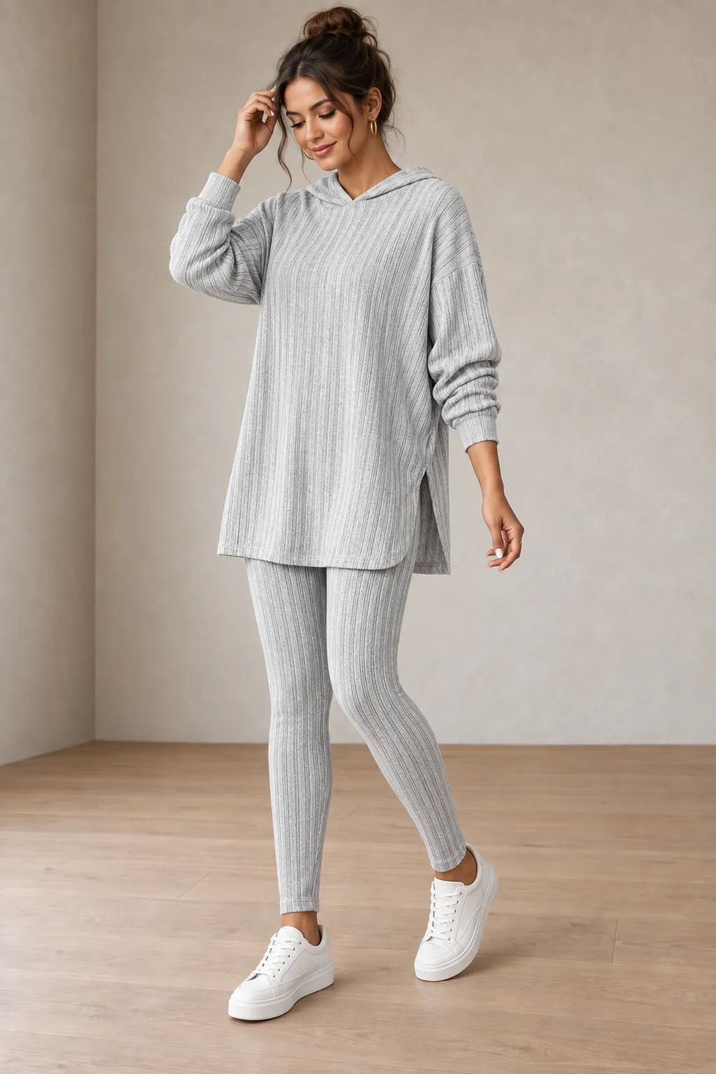 Women's Ribbed Hoodie Lounge Set - Longline Hooded Top & Leggings - Gray