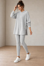 Women's Ribbed Hoodie Lounge Set - Longline Hooded Top & Leggings - Gray