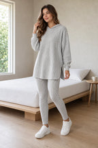Women's Ribbed Hoodie Lounge Set - Longline Hooded Top & Leggings - Gray