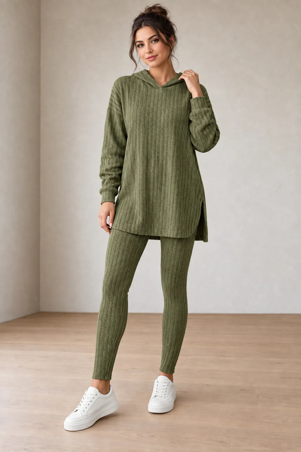 Women's Ribbed Hoodie Lounge Set - Longline Hooded Top & Leggings - Olive