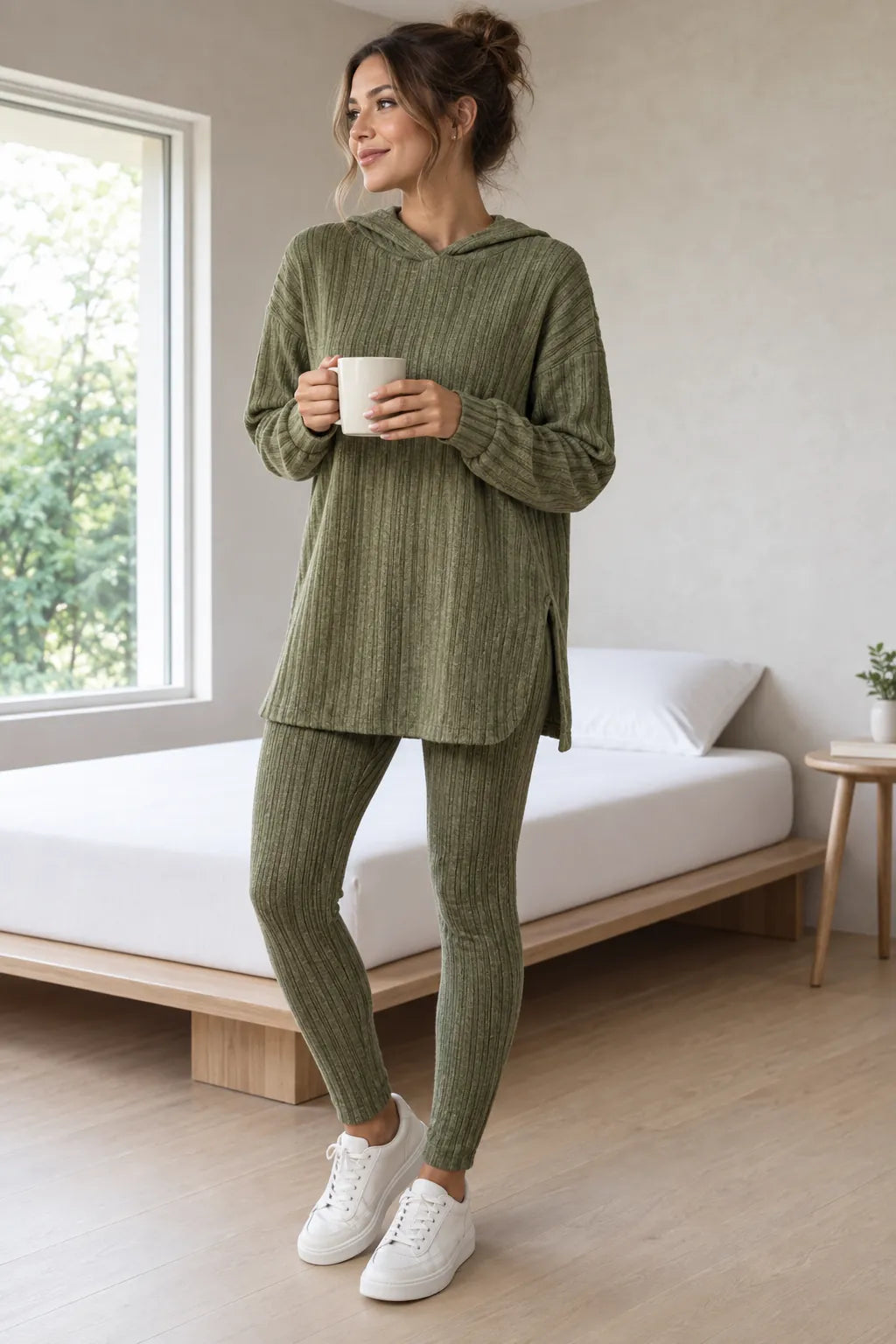 Women's Ribbed Hoodie Lounge Set - Longline Hooded Top & Leggings - Olive